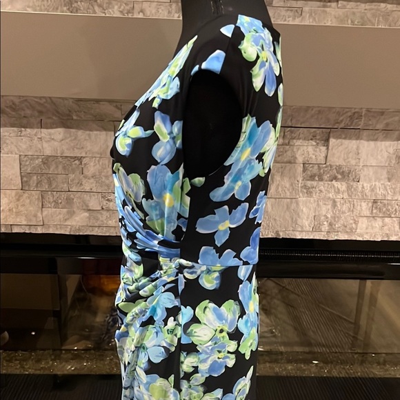 NWT Lauren Ralph Lauren Blue floral V neck slipon Midi Dress side ruching sz 10 - Picture 10 of 16
